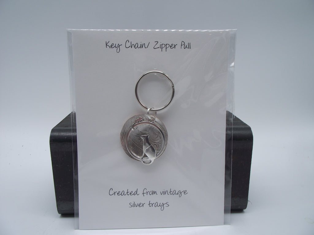 Keychain/ Zipper Pull-silver tray and cat and mouse charm