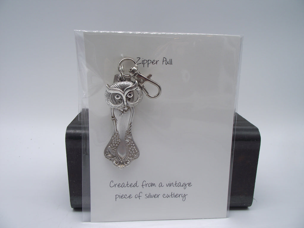Keychain/ Zipper Pull-silver spoon end with owl head